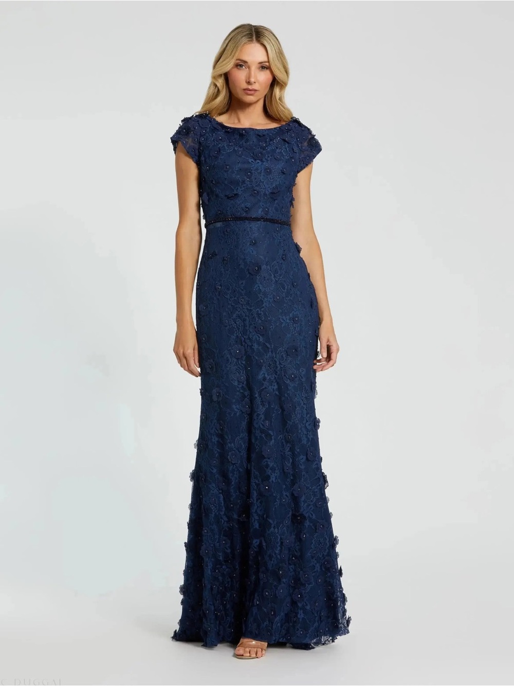 Mac Duggal 67711 Navy Floral Applique Boat Neck Cap Sleeve Gown Size 8 NWT
